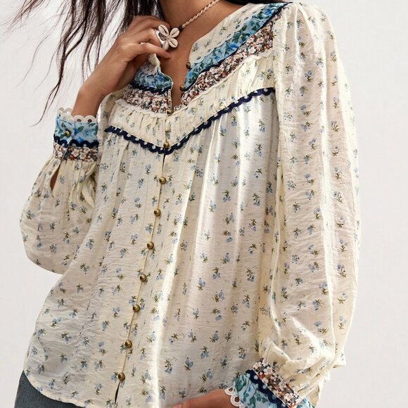 Tops - Blue Boho Casual Women's Country Vacation Woven Print Long Sleeve Loose Blouse